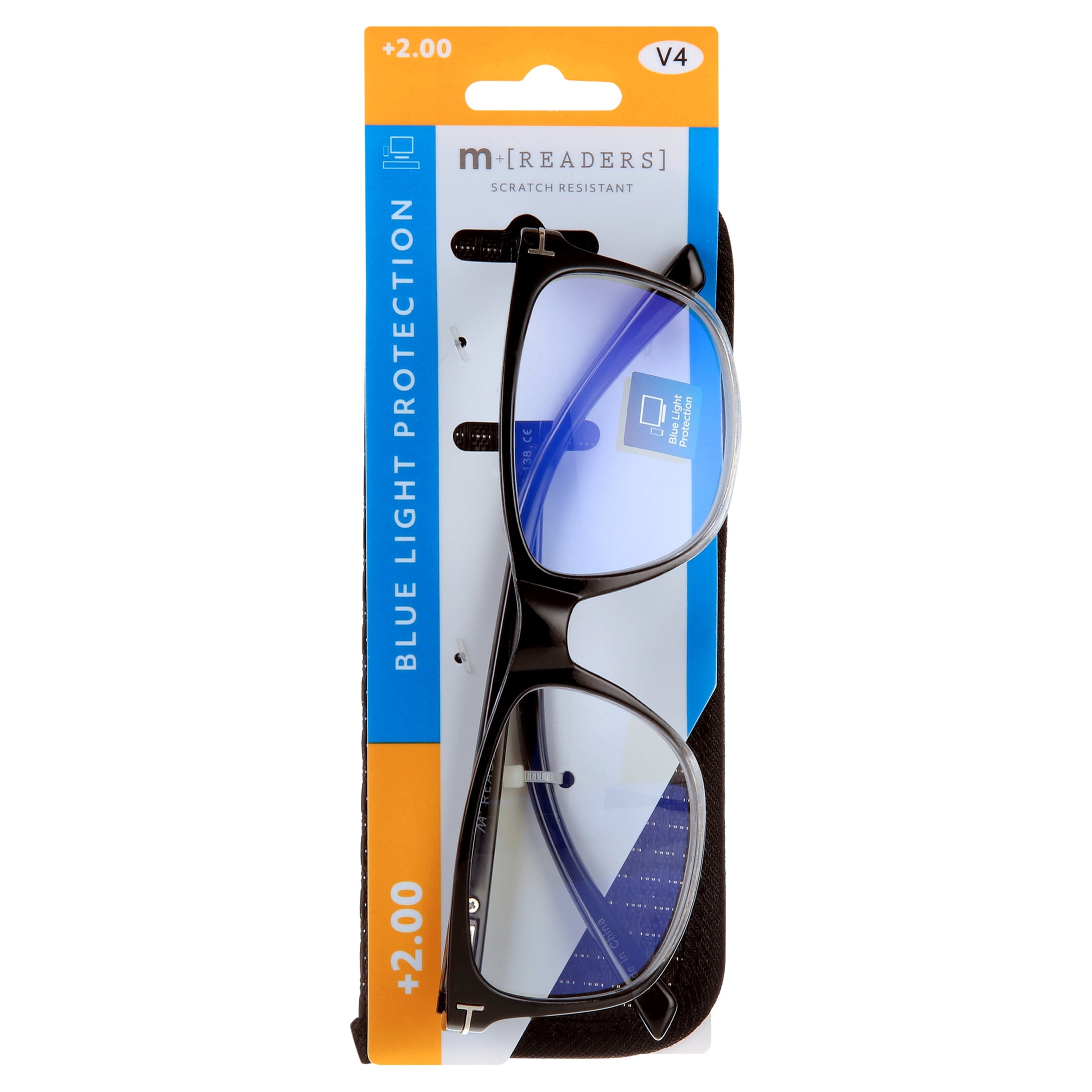 M+ Readers Vincent Black Blue Light Glasses +2.00 with Case