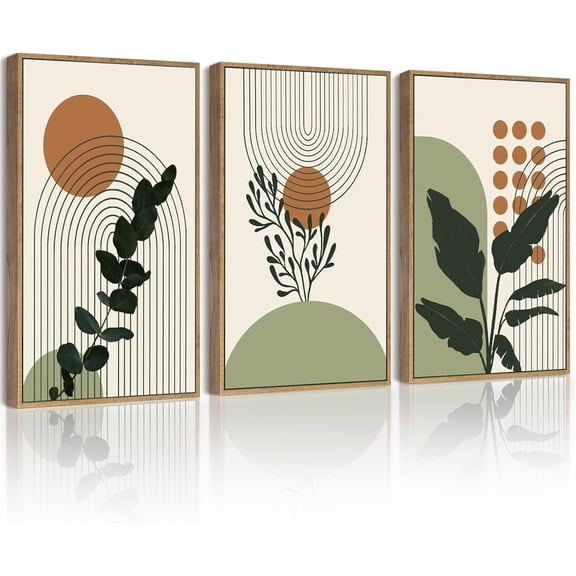 Boho Plant Wall Art Green Botanical Bohemain Framed Wall Printing 11x14in Abstract Canvas Prints with Leaf & Sun Lines - Natural Framed
