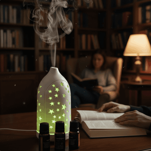 Humidificador Ultrasónico con Aceites Esenciales, Luz de 7 Colores, Diseño de Estrella Hueca, Silencioso y Apagado Automático