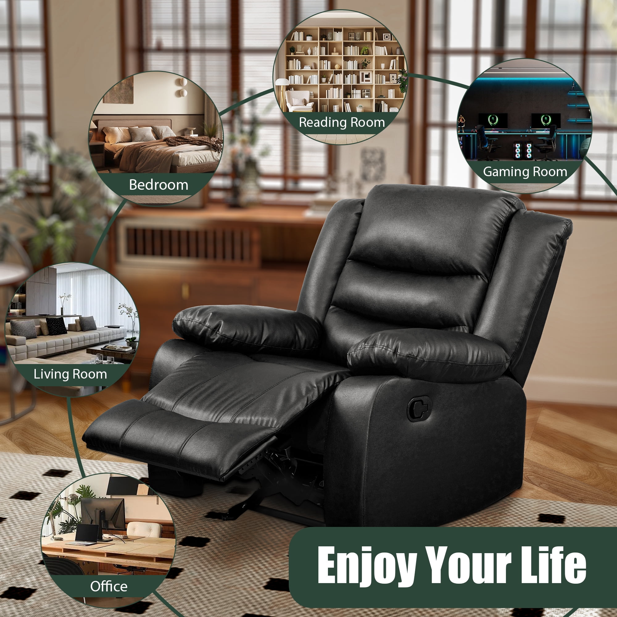 TrumanPick Manual Recliner Chair for Adults, Lazy Boy Rocker Recliner Overstuffed Glider Recline Sofa Chair for Living Room,Black