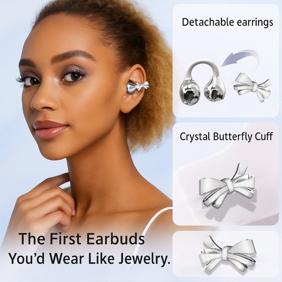 Audífonos Inalámbricos Bluetooth 6.0 con Clip, Audífonos Abiertos con Cancelación de Ruido ENC con Lazo Desmontable y Accesorios de Diamantes de Imitación, Regalo de Joyería para Mujer – Blanco