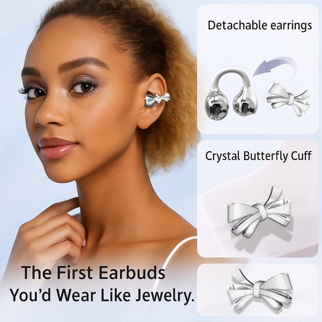 Audífonos Inalámbricos Bluetooth 6.0 con Clip, Audífonos Abiertos con Cancelación de Ruido ENC con Lazo Desmontable y Accesorios de Diamantes de Imitación, Regalo de Joyería para Mujer – Blanco