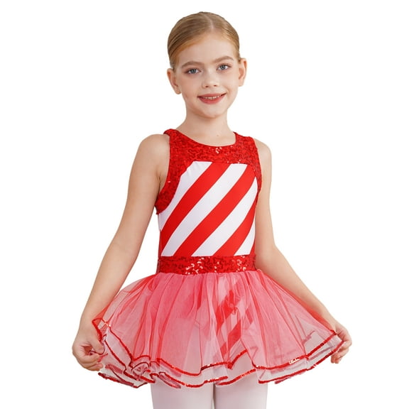 YUUMIN Kids Girls Christmas Candy Cane Dancewear Sleeveless Striped Figure Ice Dress Ballet Leotard Red 4