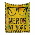 thumbnail image 1 of Retro Soft Flannel Fleece Throw Blanket, Nerds at Work Grunge Fictional Sign Glasses Hazard Stripes Work Hard Theme, Cozy Plush for Indoor and Outdoor Use, 50" x 60", Yellow Black Green, by Ambesonne, 1 of 6