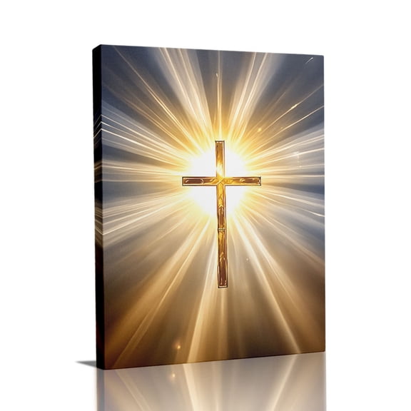 “Golden Cross with Bursting Light (Sacred Tone)” Spiritual Canvas Wall Art Ready to Hang for Living Room and Bedroom