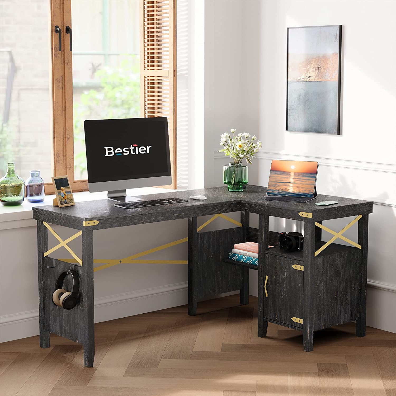 Bestier Farmhouse L-Shaped Computer Desk with Storage Cabinet (15.2'' W x 18.4'' D x 15.6'' H, Black and Gold)