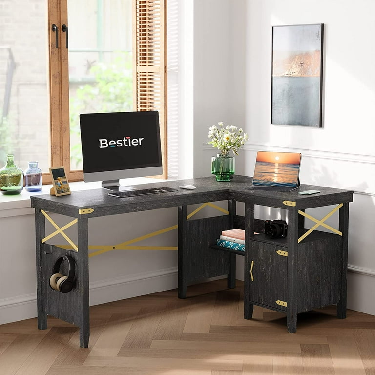 Bestier Farmhouse L Shaped Computer Desk with Storage Cabinet Black and Gold