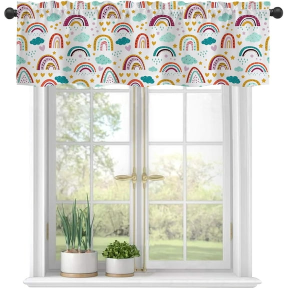 Curtain Valances, Cute Rainbow Clouds Semi Sheer Kitchen Windows Valances, Rod Pocket Short Window Treatment Light Filtering Decor Valances for Kitchen Living Room Bedroom Windows - 54"x18"