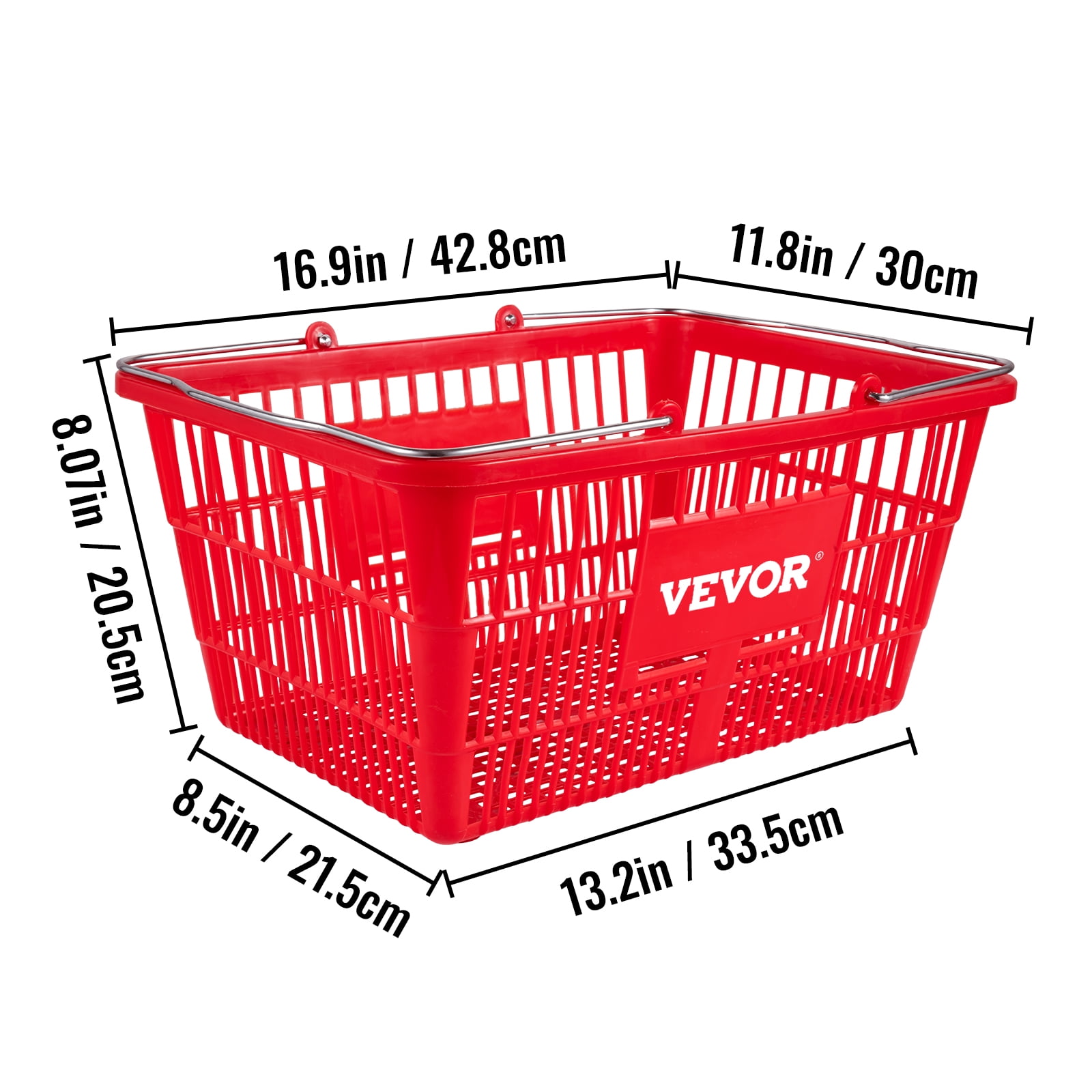 VEVOR Shopping Basket, 16.9 x 11.8 x 8.07 in/42.8 x 30 x 22 cm((L x W x H), Cast-Iron Handle and Stand, Set of 12 Store Baskets with Durable PE Material Used for Supermarket, Retail, Bookstore, Red