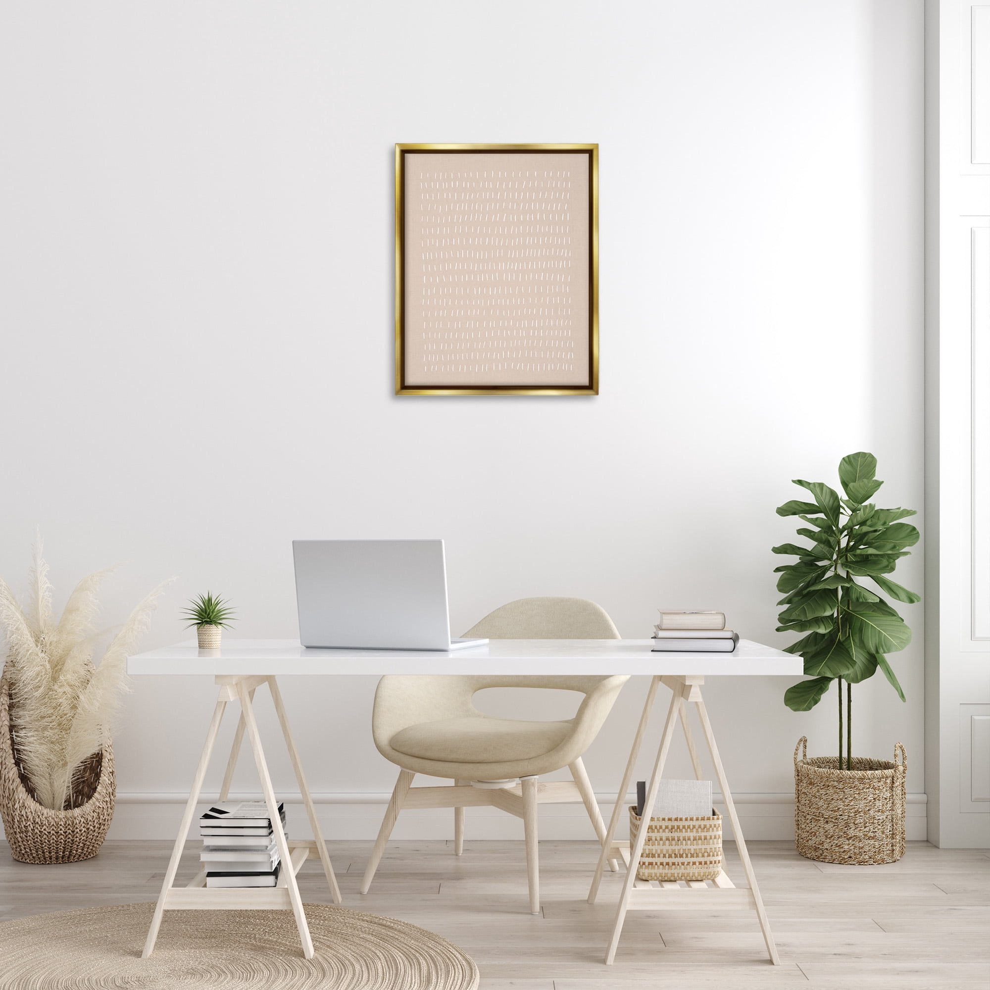 Stupell Industries Beige Dash Pattern Abstract Painting Gold Floater Framed Canvas Art Print Wall Art, 25 x 31