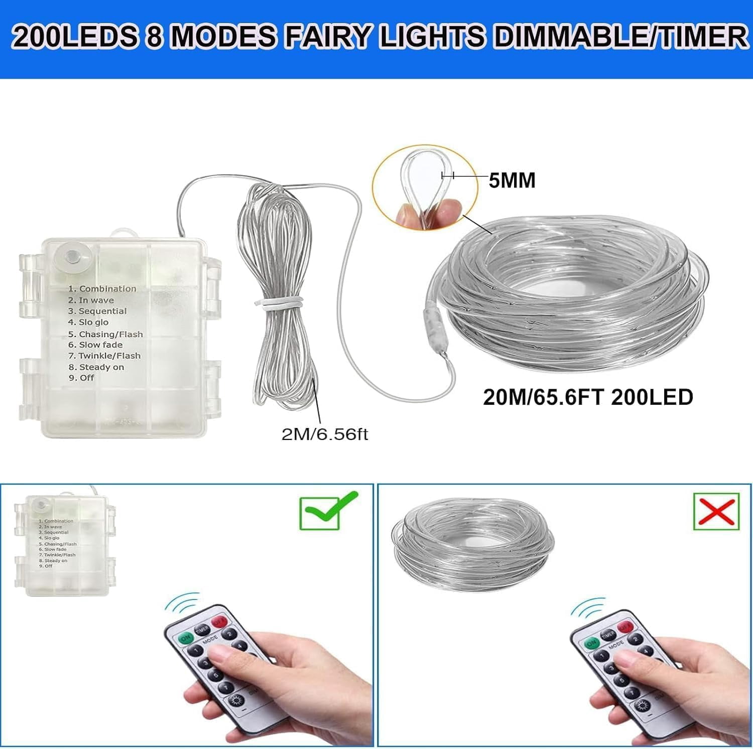 Rope String Lights, Waterproof 8 Mode/Battery Christmas Lights,String Lights Outdoor Indoor for Trampoline Camping Canopy Tent Deck Decor