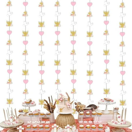 8PCS 6.6ft Pink Baptism Garland Streamers First Holy Communion Decorations for Girls Pink Floral God Bless Decorations Double Sided Paper String Garland for Baby Girl Christening Party Decorations