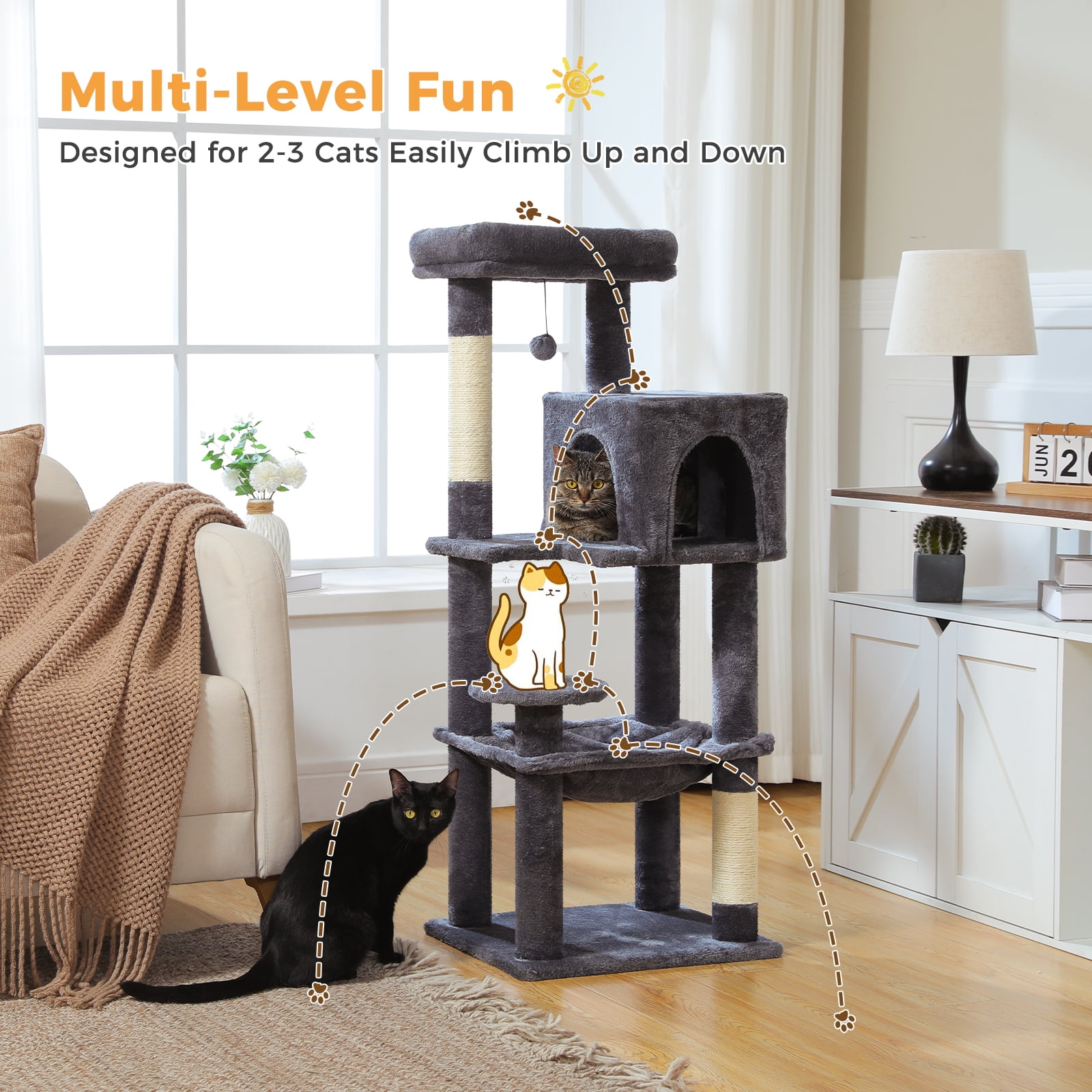 Pefilos 44" Cat Tree Tower for Indoor Cats, 5-Level Cat Condo with Large Hammock, Big Top Perch and 4 Sisal Covered Scratching Pos, Dark Gray