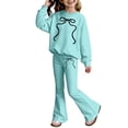 thumbnail image 4 of Girls 2 Piece Summer Outfits Ribbed Striped Short Sleeve T-Shirt & Elastic Waist Wide Leg Pants with Bow Details Casual Clothes for Kids Sky Blue Size 8-9 Years, 4 of 4