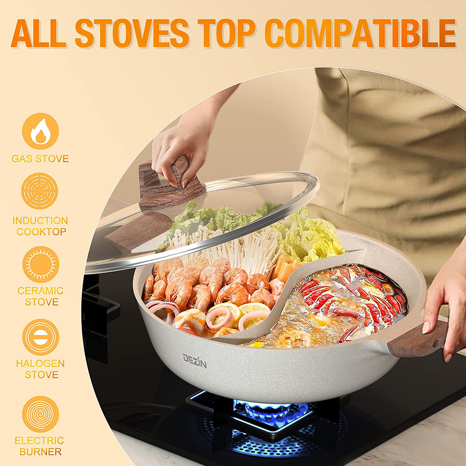 TONSNY 5qt Stainless Steel Dual Sided Hot Pot with Divider for Induction Cooktop GAS Stove Kitchen Cooker, 12 inch Double-Flavor Hotpot Pot Shabu