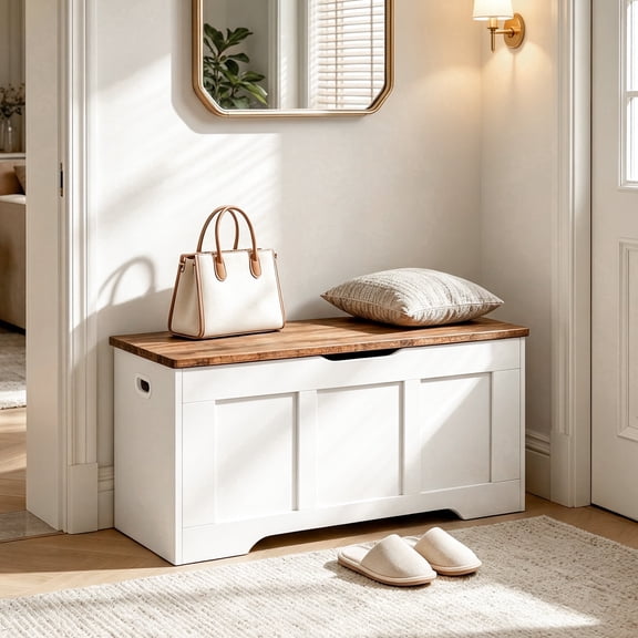 39.4" Flip Top Storage Bench – Wooden Organizer Chest, 2 Safety Hinges, 350 lbs Capacity for Entryway, Hallway, Bedroom, Living Room - White Walnut