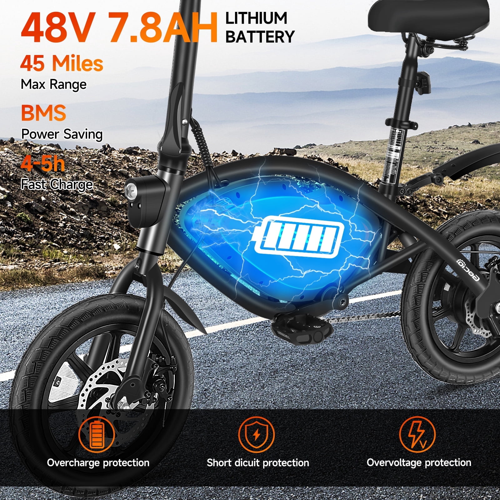 Gocio 14" Foldable Electric Bike, 375Wh 48V Electric Bicycles for Adults Women Teens, Peak 500W City Commuter Cruiser Ebikes, LED Display, E bike One-Piece Tire with 5 Riding Modes UL2849 Certified