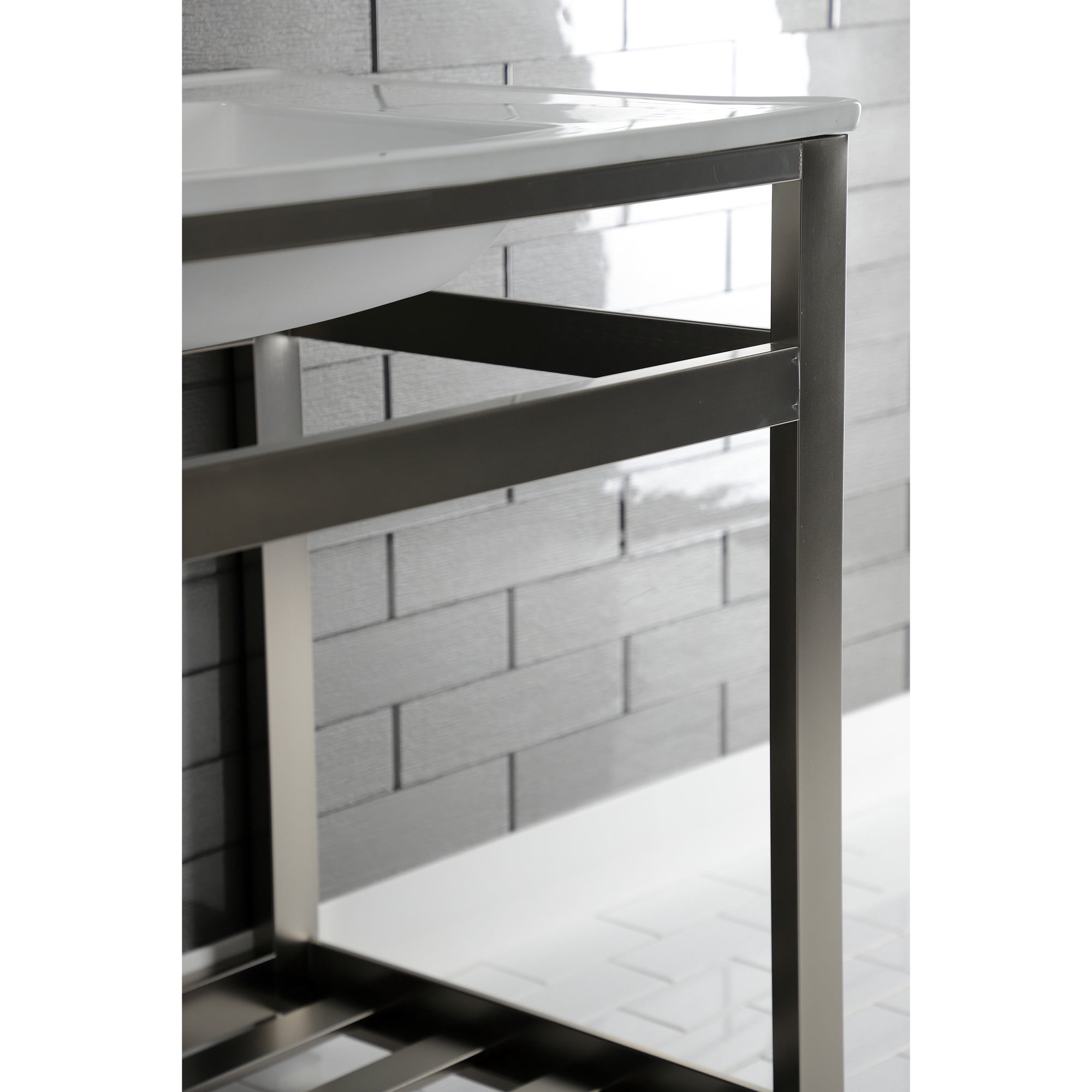 Kingston Brass VWP3122W4A8 Quadras 31" Ceramic Console Sink with Steel Base and Shelf (4-Inch, 3-Hole), White/Brushed Nickel