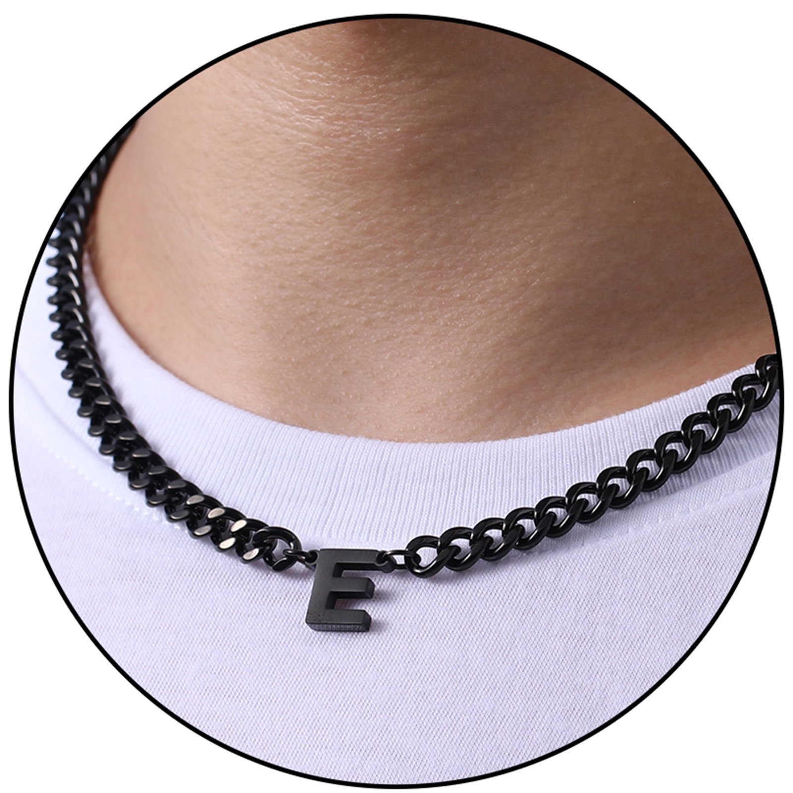 APSVO Black Initial Necklaces for Men Boys Women Stainless Steel Cuban Letter E Pendent Chain Birthday Graduation Fathers Day Jewelry Gifts Teen Him Dad Boyfriend Adults Male Son Tween Kids Age Ideas