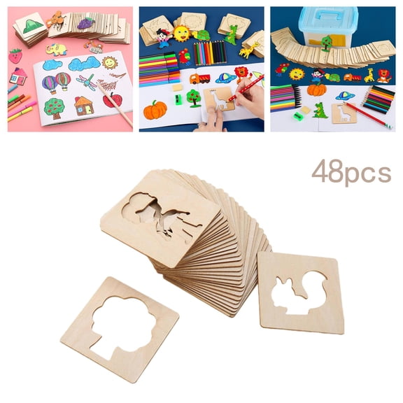 Plantillas de dibujo de madera para niños Plantillas de madera Kit de dibujo para niños de pintura de tiza para niñas para crear arte 48 piezas