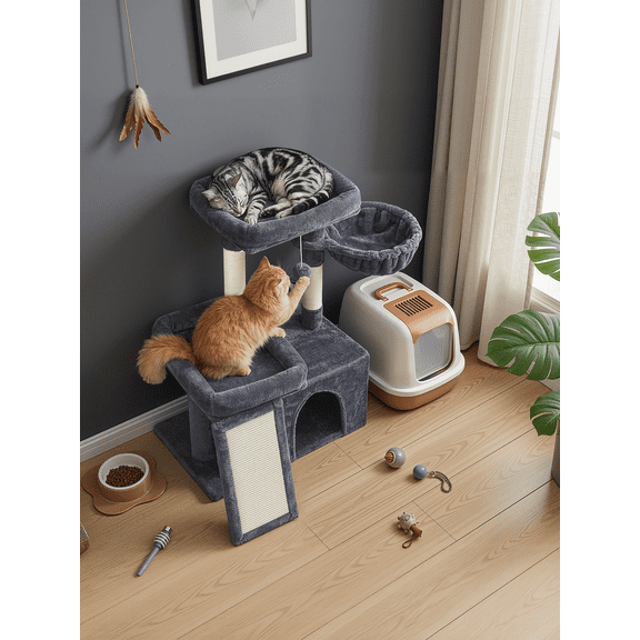 LEDREM 33.8-Inch Cat Tree Tower with Scratching Posts, 2 Perches, Cave & Basket, Multi-Level Cat Condo for Indoor Cats, Dark Gray