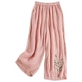 thumbnail image 3 of Women's Cotton Linen Pants, Embroidered Wide Leg Pants, High Waisted Loose Fit Boho Trousers, Comfortable Breathable Casual Palazzo Pants for Women Spring and Summer Pink XL, 3 of 3