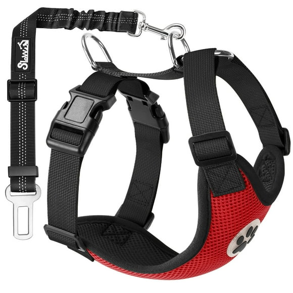 SlowTon Dog Car Harness Seat Belt Set Dog Vest Harness for Car Adjustable Mesh Breathable & Vehicle Safety Seatbelt Tether with Elastic Bungee for Small Medium Large Size Dogs Puppy Cats (Red S)
