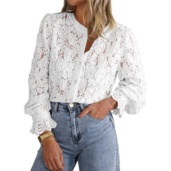 Camisa de Encaje para Mujer PRETTYGARDEN Manga Larga con Botones XL