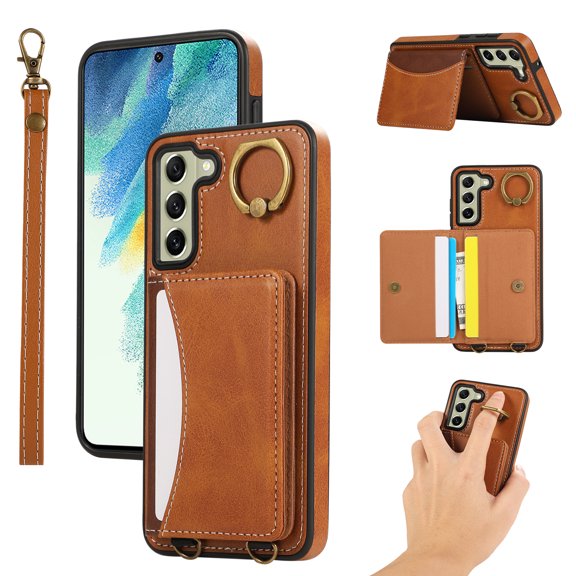 for Samsung Galaxy S22 Wallet Case with Card Slots, Hand Wrist Strap Rotate Ring Design, Finger Grip Ring PU Leather Magnetic Button Shockproof Purse Phone Cover for Galaxy S22, Brown