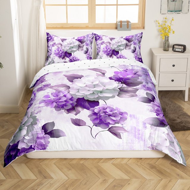YST Chic Floral Full Duvet Cover for Girls Women Hydrangea Flower Bedding Set, Purple Ombre Bed Set Gradient Oil Painting Comforter Cover,No Comforter