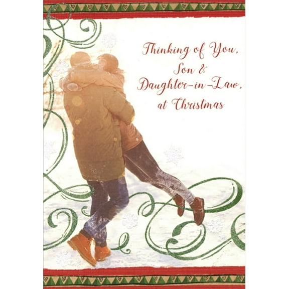 Designer Greetings Woman Leaping Into Man's Arms : Green Swirls Christmas Card for Son and Daughter-in-Law