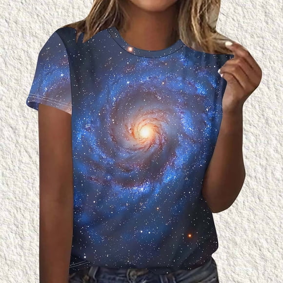 TaTaai Women's Artistic Galaxy Print Top Short Sleeve Crew Neck Pullover Loose Fit Casual Summer Chic Blouse Daily Gallery Wear Gift