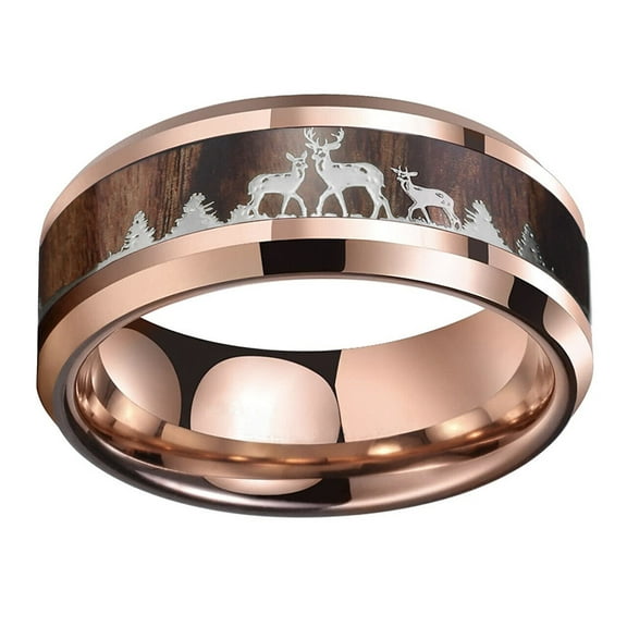 Wedding Ring Men 8mm RoseGold Hunter Deer Family Stag Hunting Tungsten Band