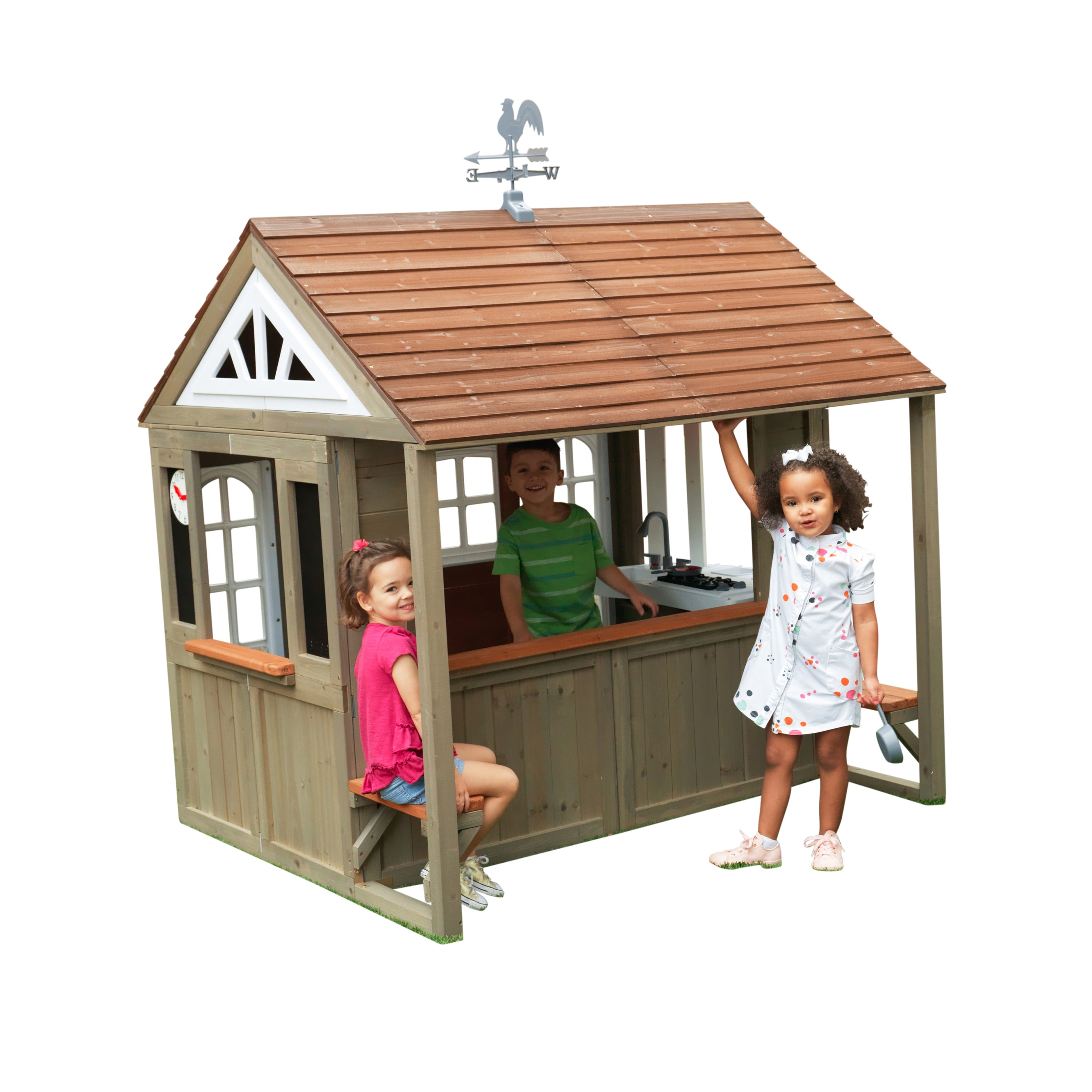KidKraft Country Vista Wooden Outdoor Playhouse with Double Doors, Play Kitchen & Benches