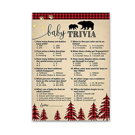 LUMBERJACK Baby Shower Game - BABY TRIVIA Game - Pack of 25, Country Buffalo Plaid Rustic BOY Baby Shower Games, Lumber Jack Bear Red Plaid, Fun Baby Facts Game Gender Neutral Shower Ac