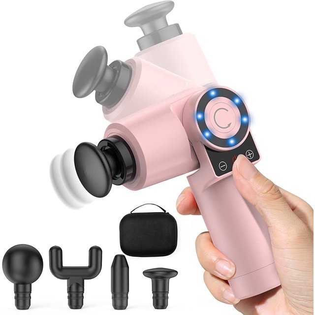 Mini Massage Gun Muscle Massage Gun Deep Tissue with Adjustable Arm in a pink finish, featuring a compact handheld design. The image shows the massage gun with its adjustable arm set to different angles (90, 135, and 180 degrees) for versatile use. The device includes a control panel with plus and minus buttons for adjusting the 6 speed levels, and a circular LED indicator. Four interchangeable massage heads are displayed below the gun, including a round head, fork head, bullet head, and flat head, suitable for targeting various muscle groups. A black carrying case is also included for portability.