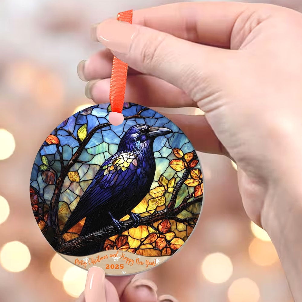 Faux Stained Glass Mosaic Inspired Design, Ceramic Christmas Tree Ornament, Christmas Decoration, 2-side Print, Gold Colored String Included