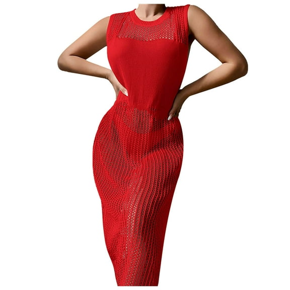 EQWLJWE Crochet Swimsuit Cover Ups for Women Mesh Knit Split Cover Up Beach Dress Sleeveless Slim Fit Beach Long Dresses Gift Red Free Size