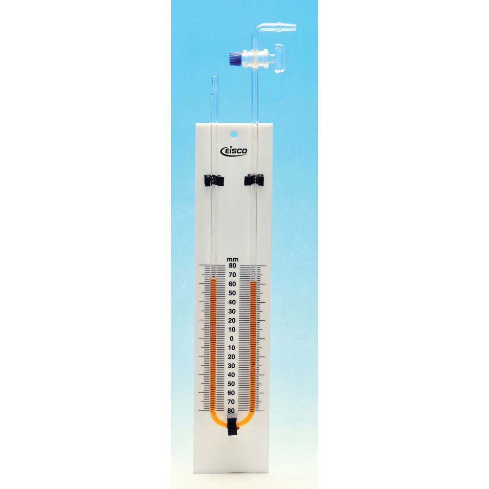 Eisco Glass Manometer, UTube, Built in Stopcock, Mounted on Back Plate
