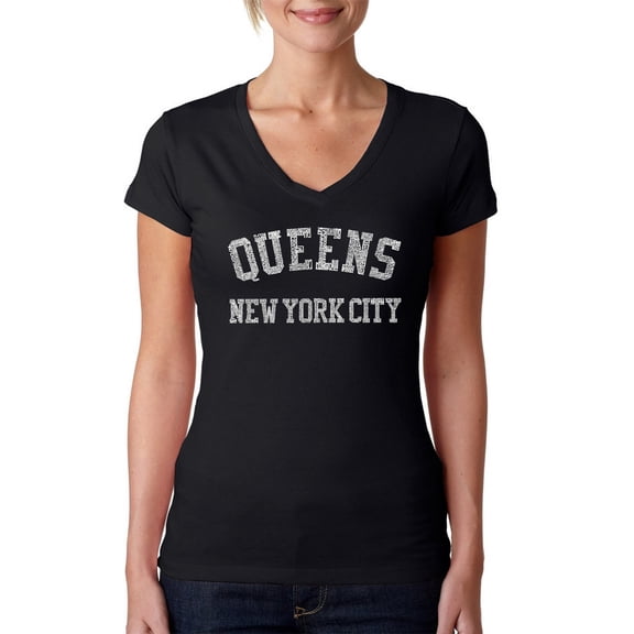 LA Pop Art Women's Word Art V-Neck T-Shirt - POPULAR NEIGHBORHOODS IN QUEENS, NY