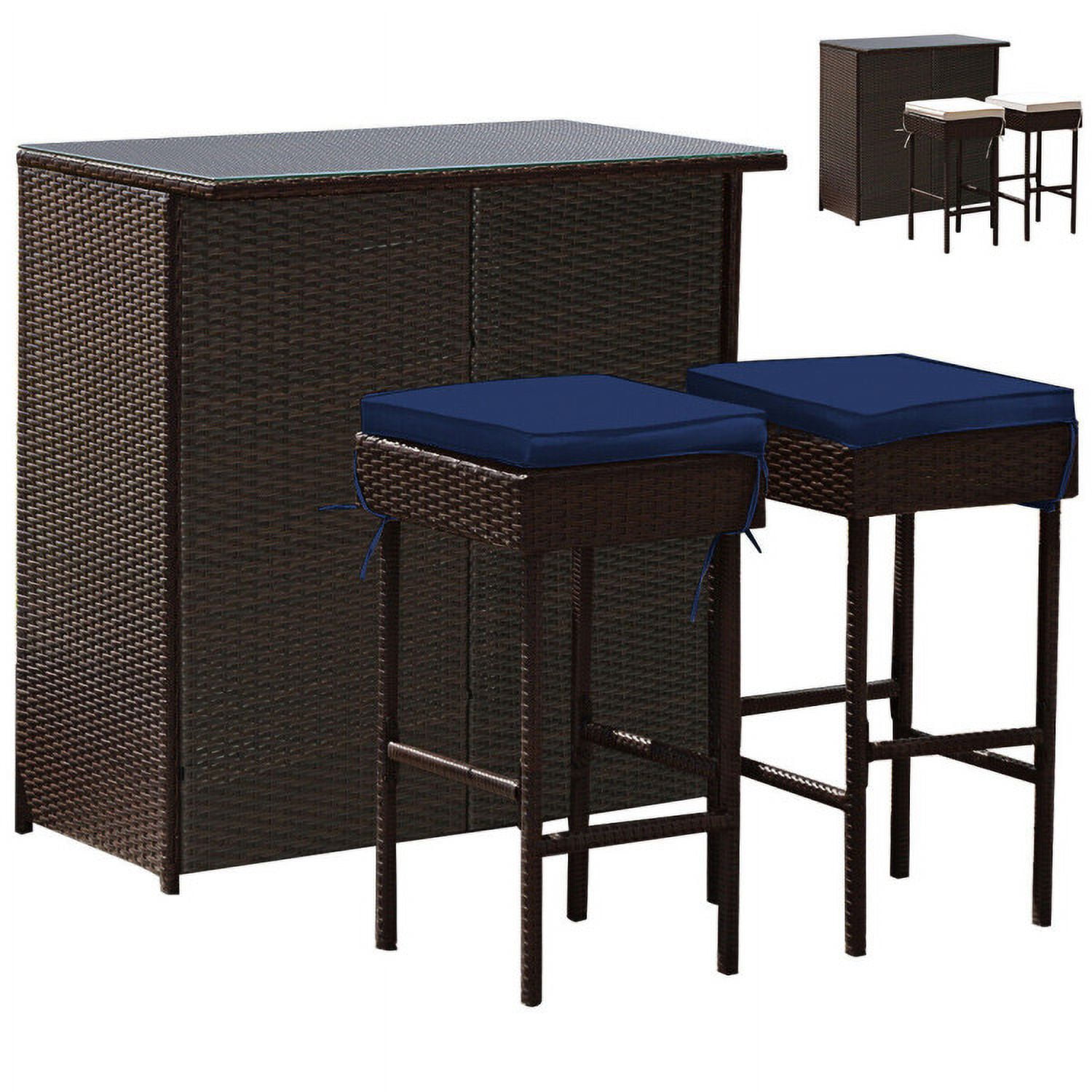 Aimee Lii 3 Pieces Patio Rattan Wicker Bar Table Stools Dining Set, Outdoor Patio Furniture, Navy & Off White Aimee Lii 3 Pieces Patio Rattan Wicker Bar Table Stools Dining Set, Outdoor Patio Furniture, Navy & Off White