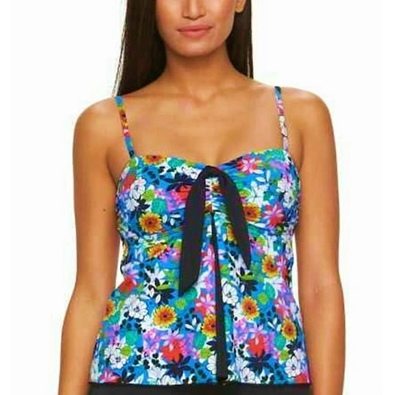 A Shore Fit Blue Floral Front Bow Tie Tummy Slimmer Tankini Swim Top Swimwear Women's 8