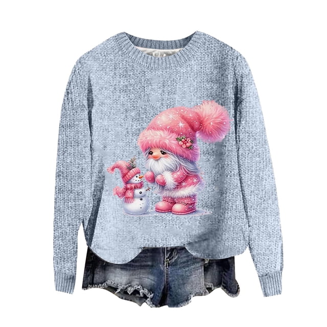 HOWPAY Chandails de Noël pour Femmes Style Noël Imprimé Blouse Décontractée Col Rond Manches Longues Chandail Confortable Léger Vêtements d'Automne Bleu Clair G