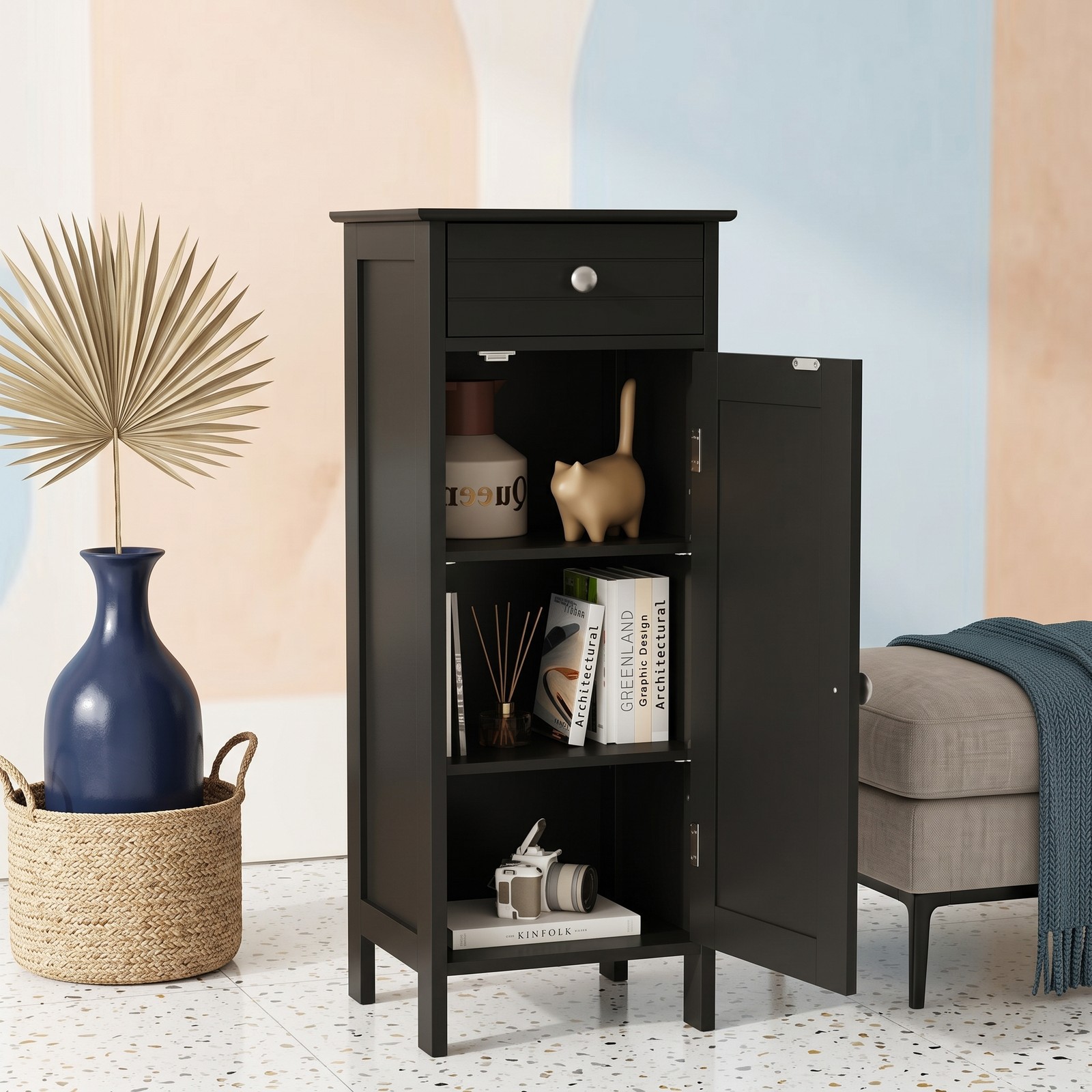 Fenbeli Free-Standing Wooden Storage Cabinet, Narrow Bathroom Floor Organizer with Drawer and 2 Adjustable Shelves, Slim Side Cabinet for Living Room Bedroom, Black