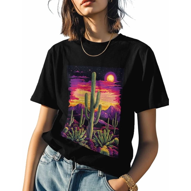 Camisetas de cactus para mujer, camiseta de cuello redondo Sunset Desert para mujer, camisetas interiores de algodón suave de manga corta Mountain West