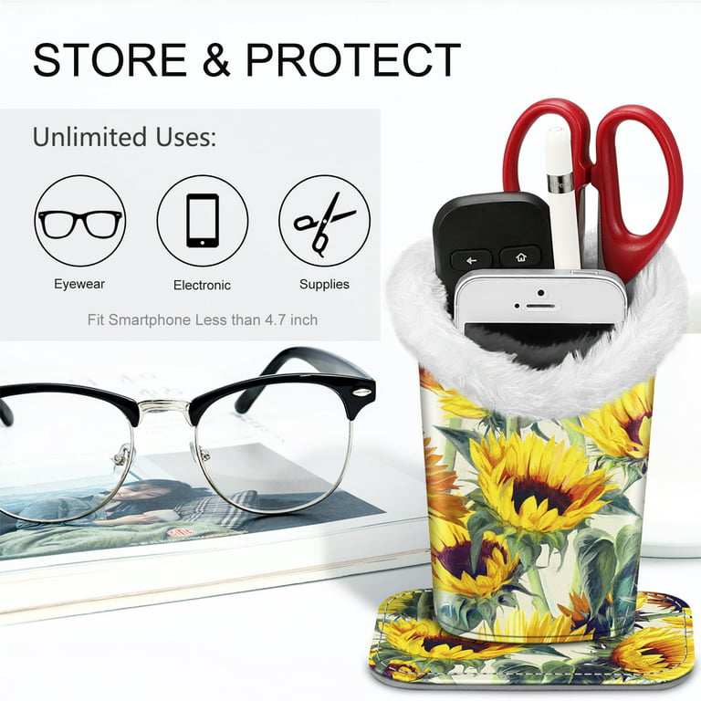 Fintie Plush Lined Eyeglasses Holder - PU Leather Protective Eyeglass Holder  Stand Case,Sunflowers 