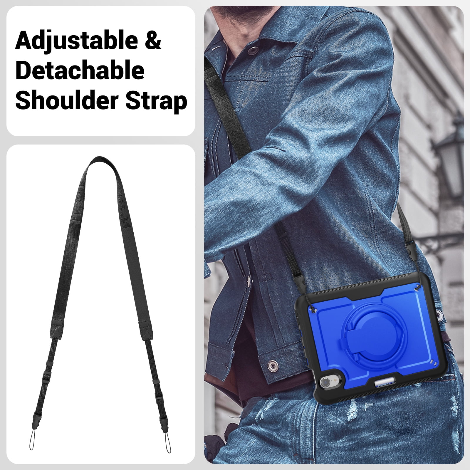 Shockproof Case for Apple iPad Mini 6th 7th Generation 8.3 Inch, Rugged Hybrid Protective Cover with Pencil Holder & Shoulder Strap Kids Friendly Rotating Kickstand Case for iPad Mini 6 7,Darkblue