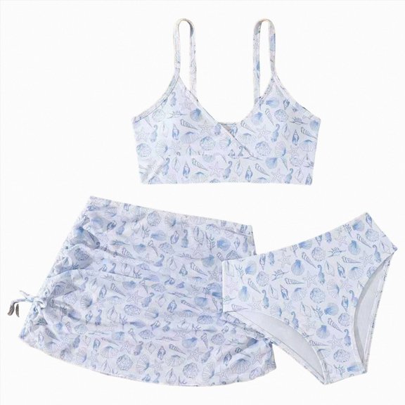 BOBOGOJP Girls' Set Floral Print Bikini Swimsuit with Drawstring Beach Skirt Cute Ruched Bathing Suit White for Size 11-12 Years