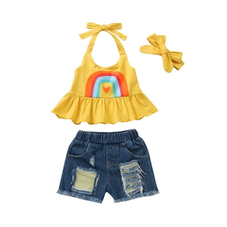 

Livingsenburg Baby Girl Vest Shorts Suit Halter Top Ripped Denim Shorts Headband