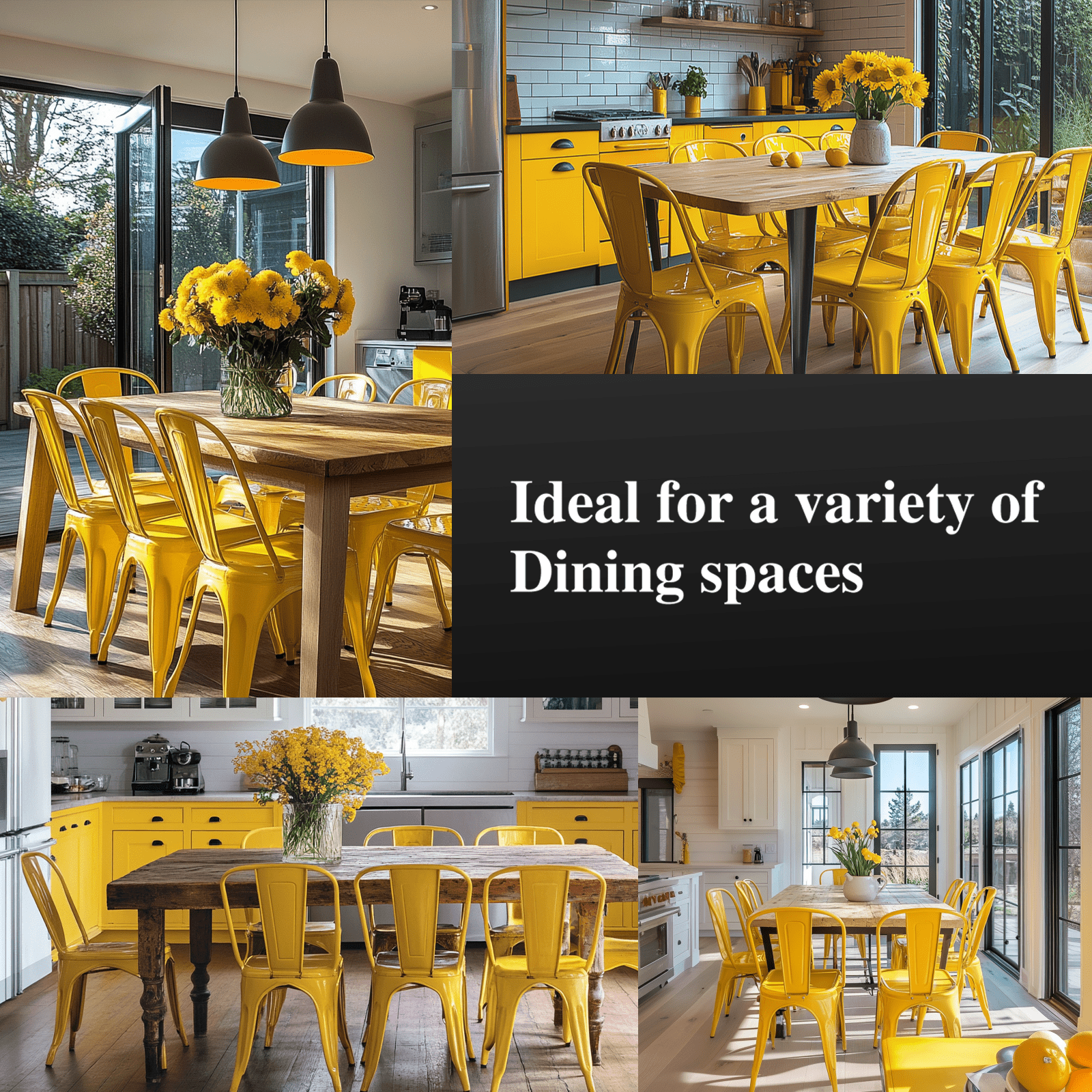 SOLEGGIATA Yellow Metal Dining Chairs Set of 2 Industrial Stackable Chairs Suitable for Indoor Outdoor Dining Room Kitchen Restaurant Cafe Daisy Yellow